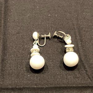 Vintage White Resin and Glass Clip on Earrings with Screw Post